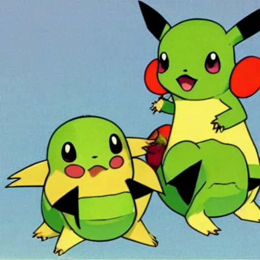 Image similar to 1 9 8 0 s photograph of pikachu and bulbasaur together