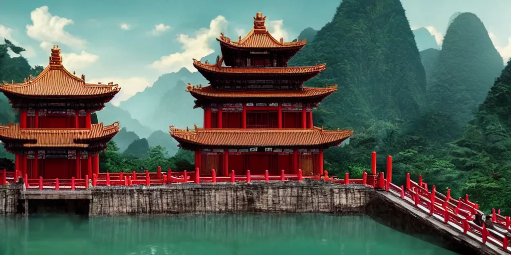 Image similar to a very high resolution image from a new movie, upside - down chinese temple, beautiful scenery, photorealistic, photography, directed by wes anderson