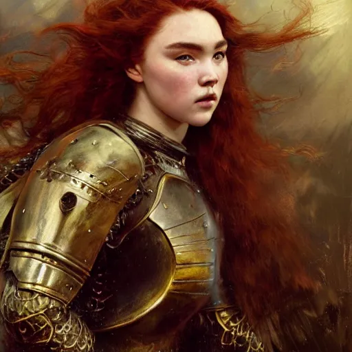 Image similar to young redheaded florence pugh, wearing black ornamented medieval armour, detailed, by gaston bussiere, bayard wu, greg rutkowski, giger, maxim verehin, greg rutkowski, masterpiece, sharp focus,