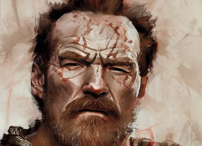 Image similar to a highly detailed beautiful portrait of bryan cranston as kratos, by gregory manchess, james gurney, james jean