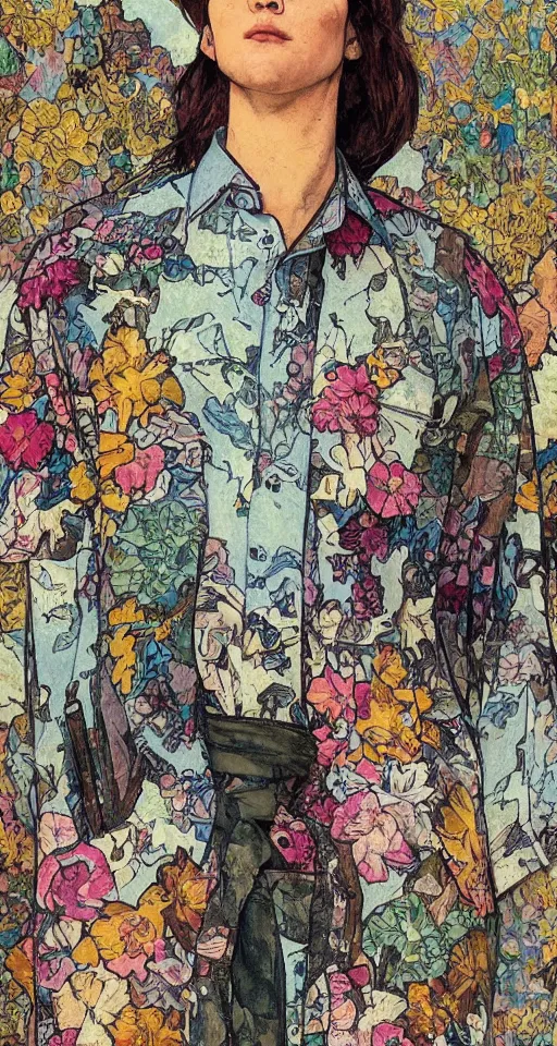 Image similar to close up of max payne floral shirt in a bar, sun shining, photo realistic illustration by greg rutkowski, thomas kindkade, alphonse mucha, loish, norman rockwell.