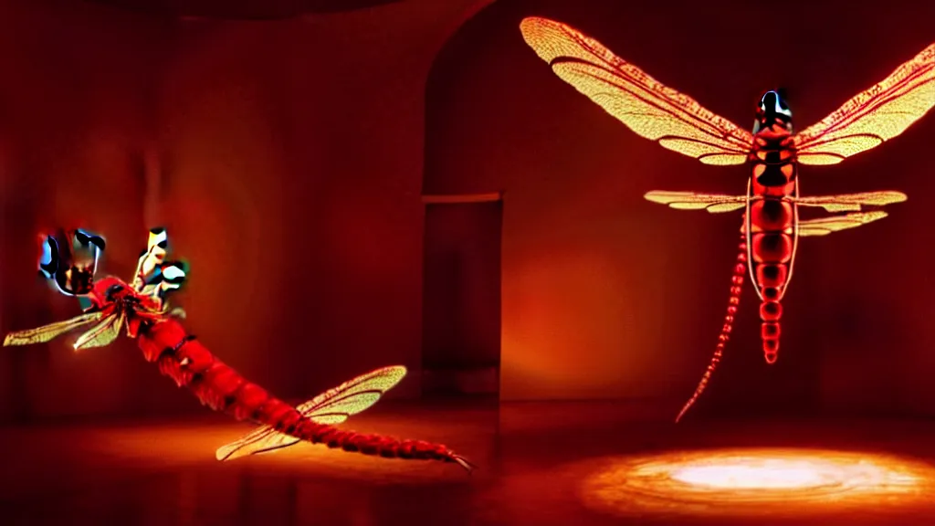 Image similar to a giant dragonfly, made of blood and fire, floats through the living room, film still from the movie directed by Denis Villeneuve with art direction by Salvador Dalí, wide lens