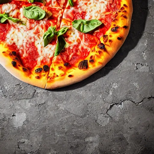 Prompt: Proper Italian pizza with river stones and metal screws, morning hard light, professional food photography, 80mm, top down