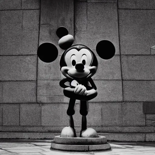 Image similar to Statue of a humanoid Mickey Mouse, photorealistic, film still, desolate