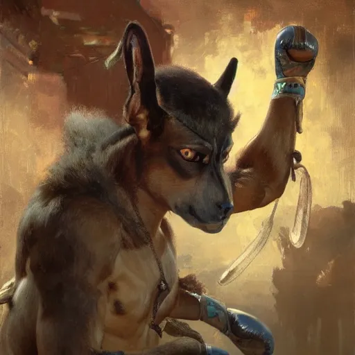 Image similar to anubis as a boxer ready to take on the world champ, boxing ring, strong spotlights, 4 k, trending on artstation, by gaston bussiere, craig mullins, artgerm, greg rutkowski, alphonse mucha