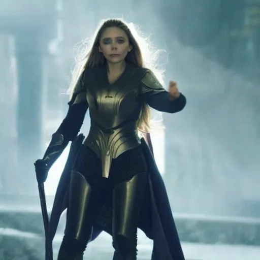 Image similar to full body photo of elizabeth olsen as an angelic warrior