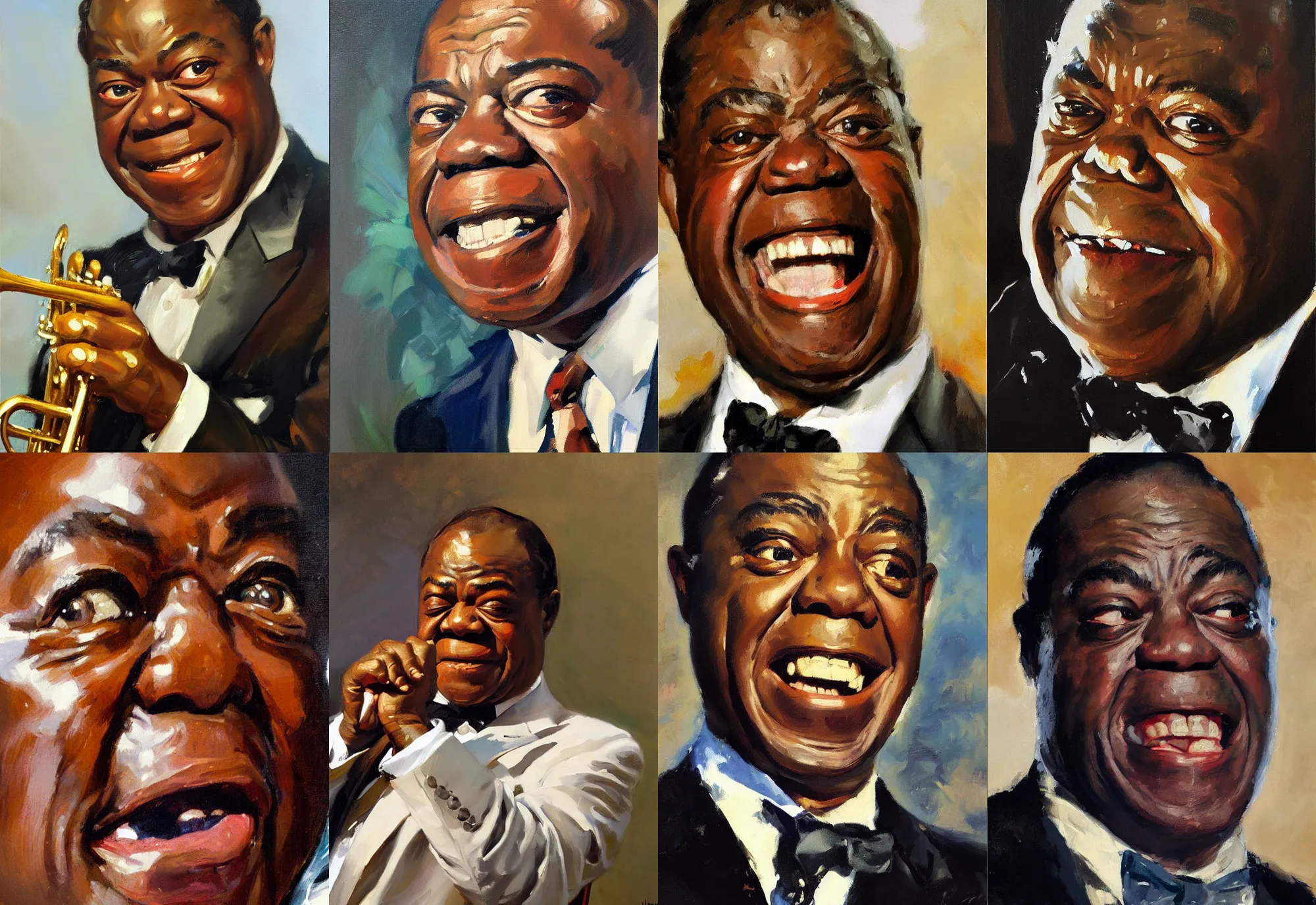 Prompt: a close - up portrait of louis armstrong, by greg manchess and john singer sargent and jonathan yeo, highly detailed oil painting