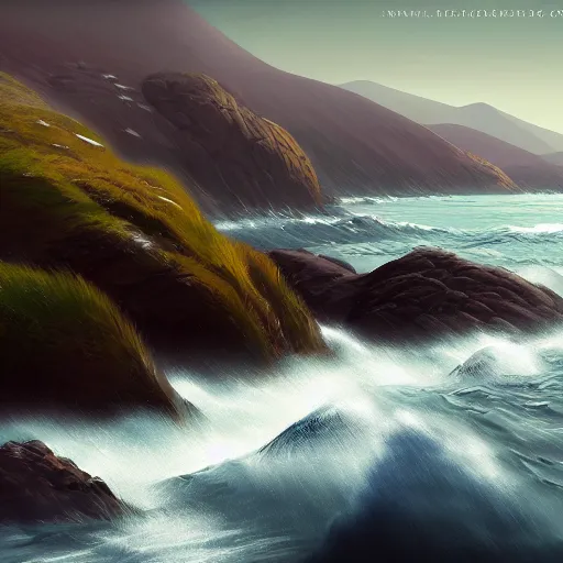 Image similar to the mountains of mourne in ireland sweeping down to the sea, highly detailed, digital painting, concept art, sharp focus, by makoto shinkai