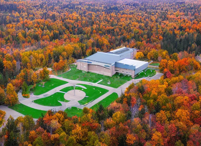 Image similar to low drone shot of a beautiful ranch style School campus in the middle of the Woods during autumn