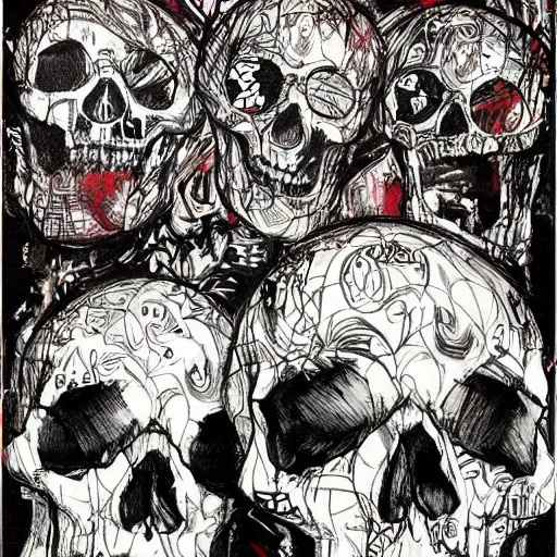 Prompt: Derek Gores drawing of Psychedelic Skulls, medieval town, skulls, drawn by Derek Gores, trending on artstation