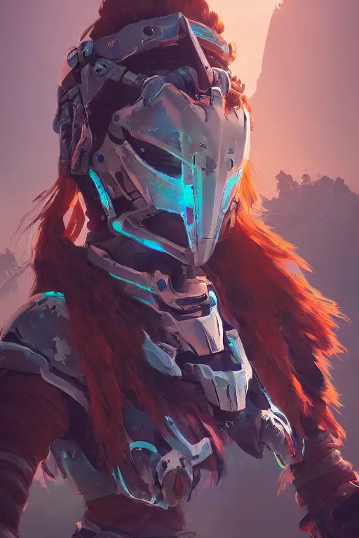 Image similar to combination suit armor aloy horizon forbidden west horizon zero dawn radiating a glowing aura global illumination ray tracing hdr fanart arstation by ian pesty and alena aenami artworks in 4 k tribal robot ninja mask helmet backpack