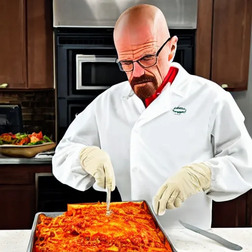 Prompt: walter white cooks an oversized lasagna