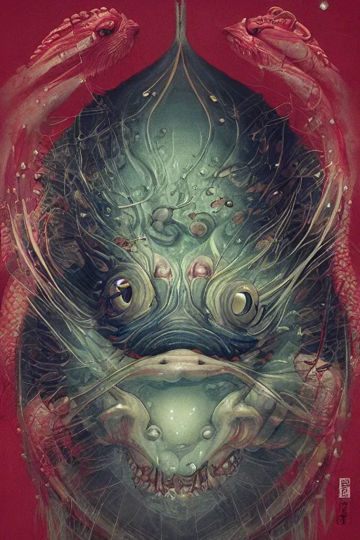 Image similar to a portrait of a japanese fish devil animal illustrated by miyazaki by karol bak, james jean, tom bagshaw, rococo, sharp focus, trending on artstation, cinematic lighting, hyper realism, octane render, 8 k, hyper detailed, vivid, ultra detailed, highly detailed