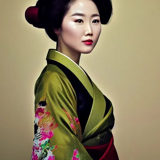 Prompt: A beauty asian woman wearing a kimono, face center close-up, realistc Photography portrait, Photorealistic Color Scheme