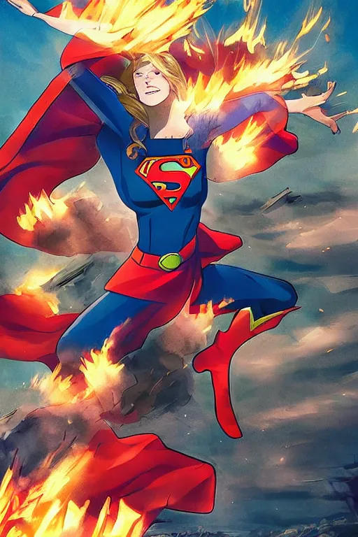 Image similar to a dramatic scene of supergirl leaping onto a tank and smashing it, on a battlefield, smoke, fires, explosions, manga art, close - up, low angle, wide angle, highly detailed