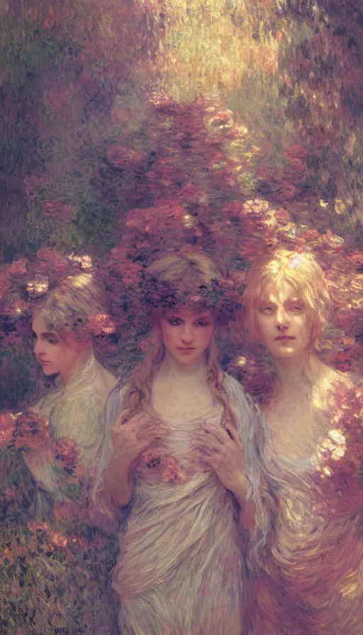 Image similar to illustration studio portrait of three beautiful seraphim female energy in artistic poses in nature, monet painterly motives and textures pattern, hyper detailed, octane render, vivid colors, artstation, by jeremy mann, by alphonse mucha, by monet