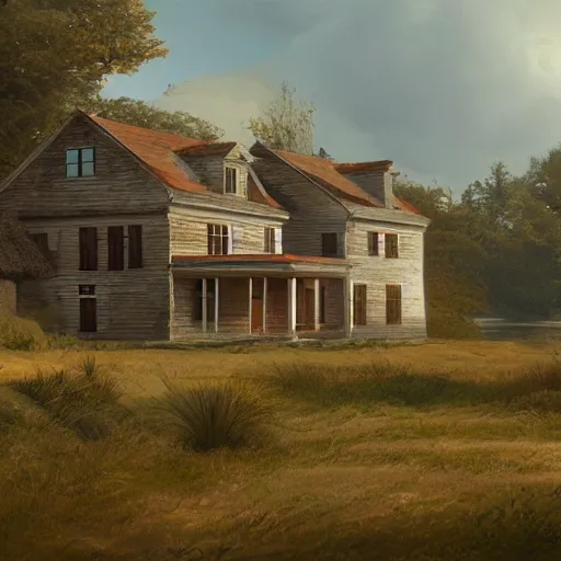 Image similar to colonial house on the shore of Lake Huron, felix Kelly, artstation, Matte painting