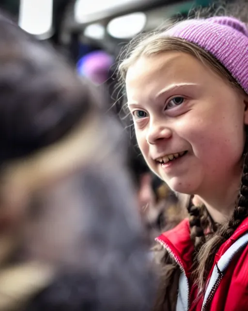 Image similar to film still close - up shot of greta thunberg giving a speech in a crowded train station eating pizza, smiling, the sun is shining. photographic, photography