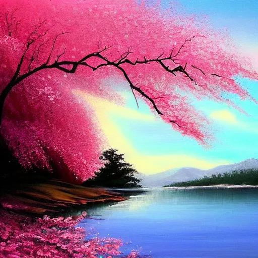 Image similar to a cherry blossom painting by bob ross