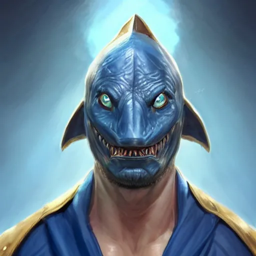 Prompt: blue skin half shark half man wearing robes, naval background, fantasy, D&D, portrait, piercing stare, highly detailed, high detailed face, digital painting, HD, artstation, concept art, matte, sharp focus, illustration, art by artgerm and greg rutkowski