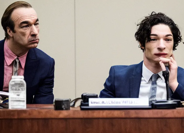 Image similar to Saul Goodman defending Ezra Miller in court, photography, realistic faces, detailed