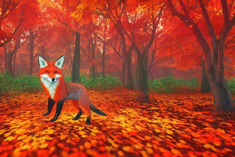 Image similar to super detailed color lowpoly art, red fox in an autumn maple forest, unreal engine, retrowave color palette, 3 d render, lowpoly, colorful, digital art, perspective