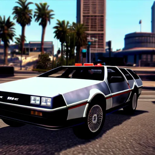 Prompt: flying dmc 1 2 delorean in grand theft auto 5