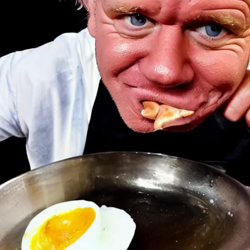 Prompt: < photo hd trending funny > gordon ramsey foams at the mouth with hunger after seeing a gigantic boiled egg < / photo >