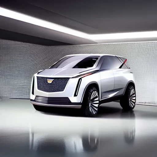 Image similar to “Cadillac autonomous SUV of the future, shiny new 2050 model, concept car, driving in a futuristic city.”