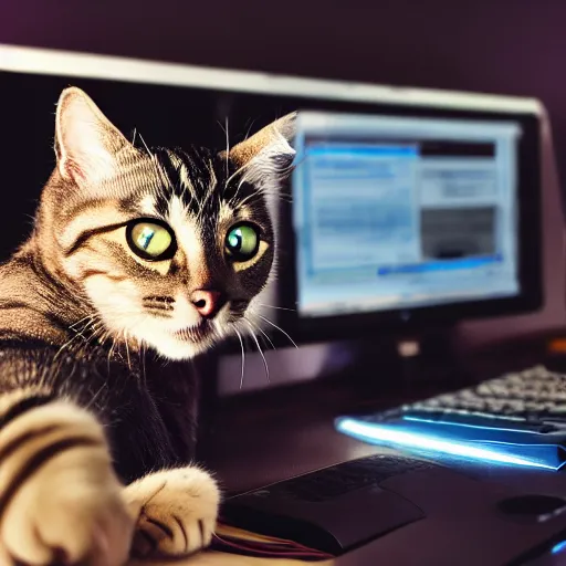 Prompt: cat working at a computer, photo, 8k.