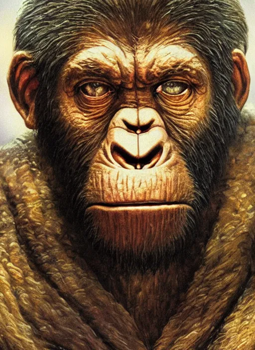 Image similar to portrait of Cornelius from Planet of the Apes (1968) in The Thing (1982), highly detailed, centered, solid color background, digital painting, artstation, concept art, smooth, sharp focus, illustration, artgerm, donato giancola, Joseph Christian Leyendecker, Les Edwards, Ed Repka, WLOP, Artgerm