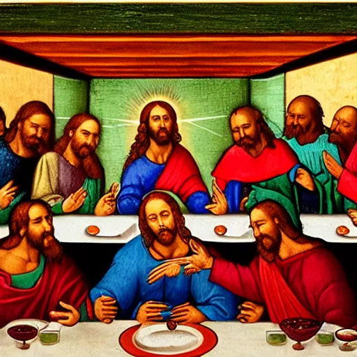 Image similar to jesus and the 1 2 disciples eating the last supper at applebees, in the style of leonardo da vinci