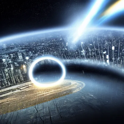 Prompt: movie still of a black hole destroying city 4 k