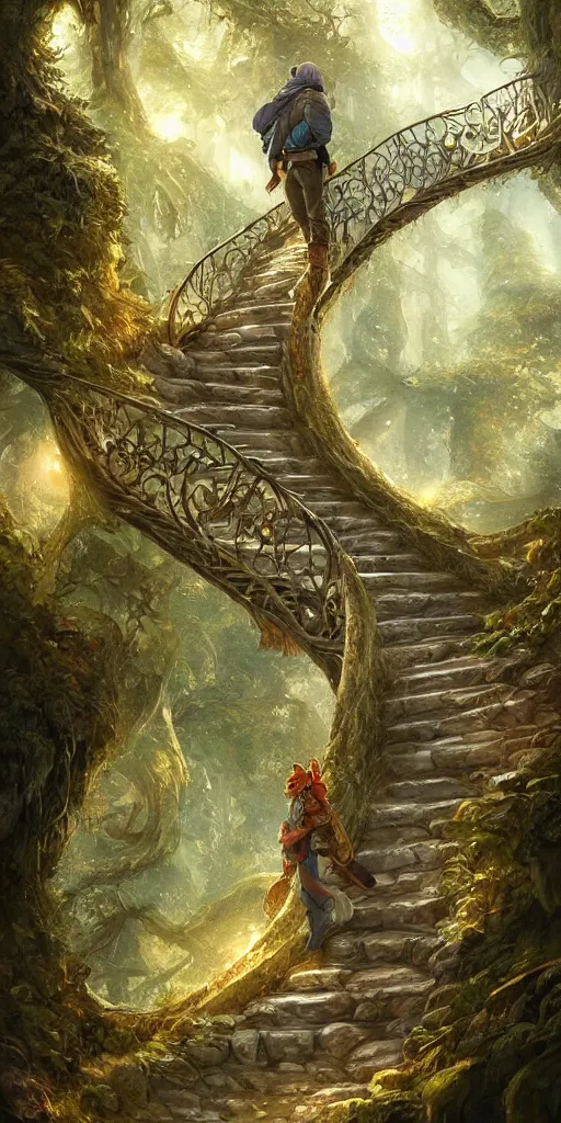 Prompt: a man walking up a steep and winding staircase, in magical woods, intricate, elegant, highly detailed, fantasy digital painting, artstation, concept art, sharp focus, beautiful illustration, by justin gerard and artgerm, 8 k