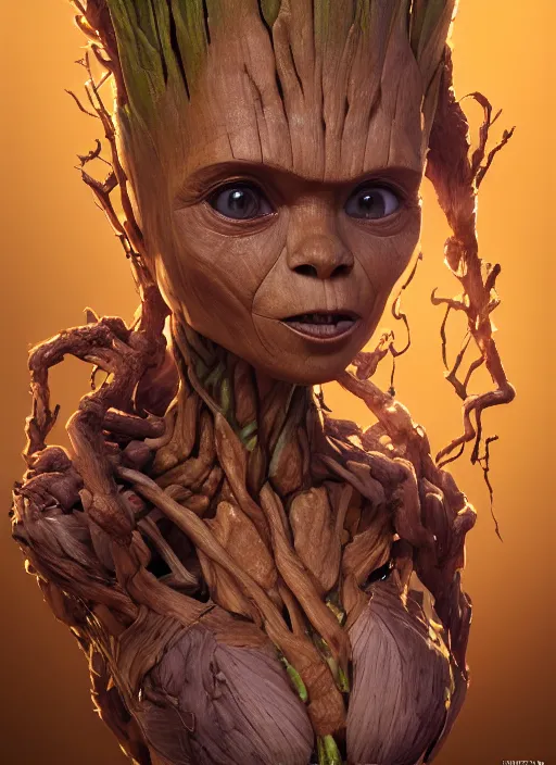 Image similar to female portrait of groot as a belly dancer, au naturel, hyper detailed, digital art, trending in artstation, cinematic lighting, studio quality, smooth render, unreal engine 5 rendered, octane rendered, art style by klimt and nixeu and ian sprigger and wlop and krenz cushart.