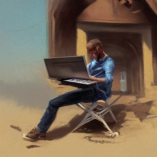 Image similar to concept art of man working on laptop at sunny beach, perfect face, fine details, by greg rutkowski