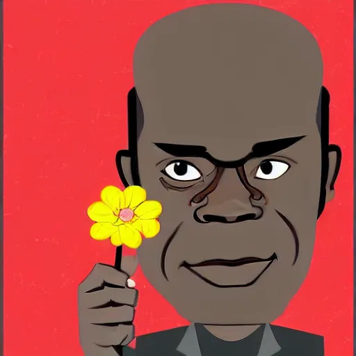 Image similar to a stylized cartoon of samuel l jackson with a pink flower in his hand