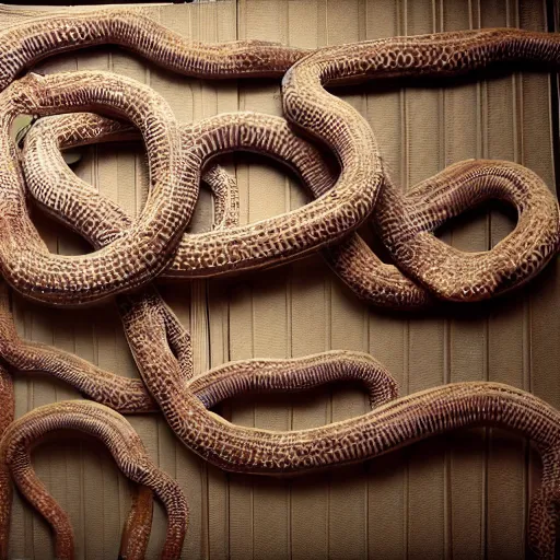 Image similar to tentacles made of brown corrugated cardboard, cut out of cardboard, realistic photography, fantasy