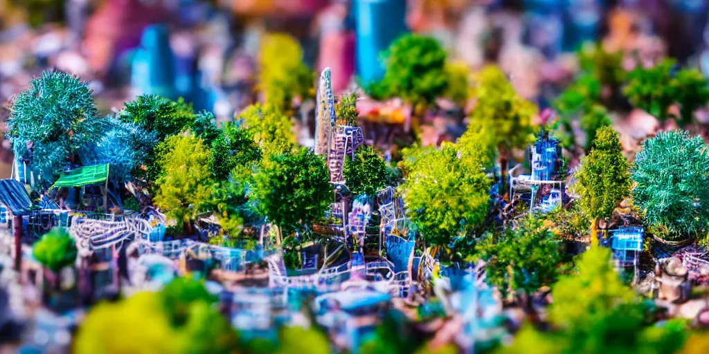 Prompt: macro photo of a miniature solarpunk city, canon 8 0 d, canon 1 0 0 mm f / 2. 8, bright sunlight, sun glints, vivid and colorful trees and plants and flowers, 4 k,