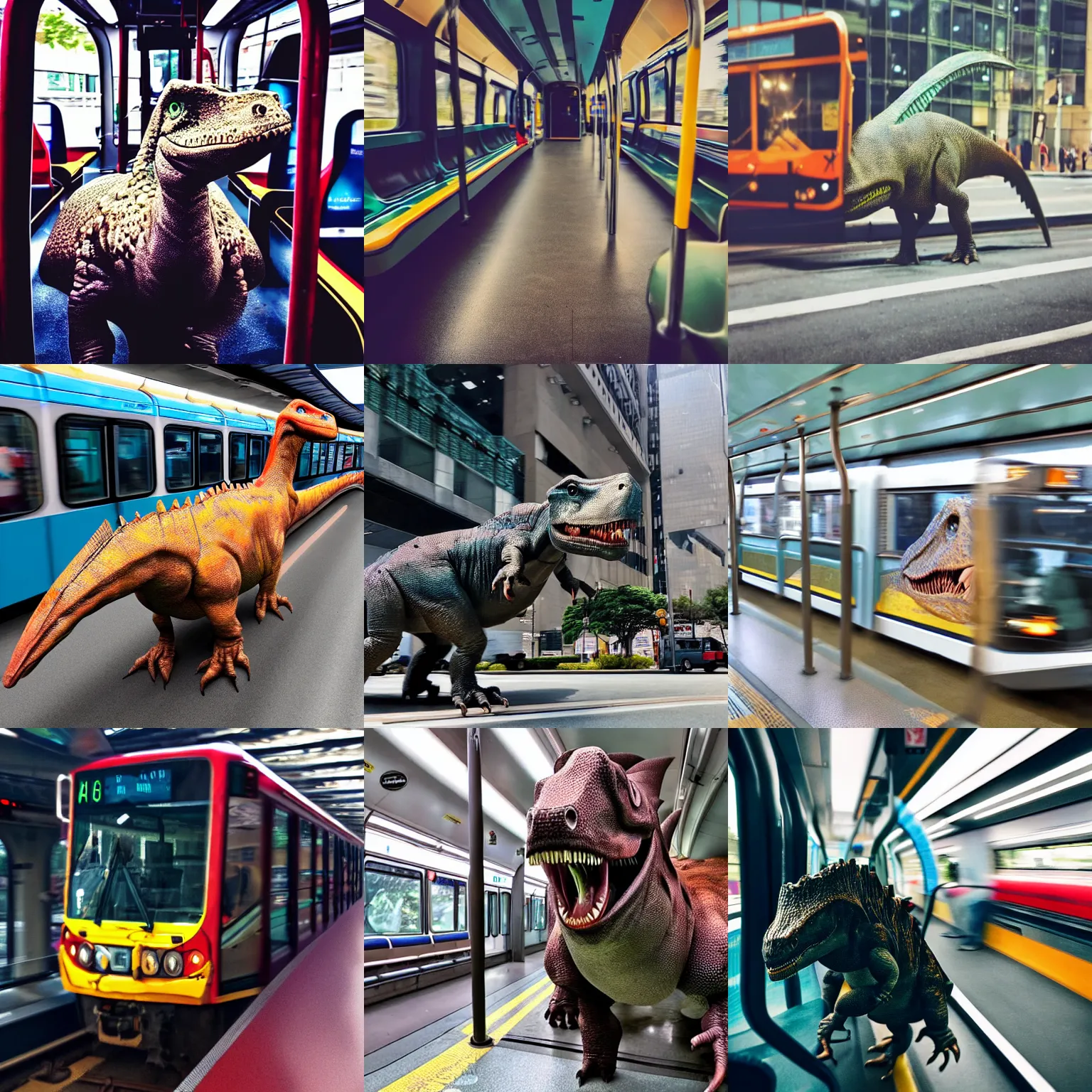 Prompt: a phone photo of a dinosaur using public transit, hd