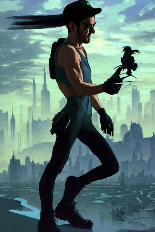 Prompt: gta luigi from mario as aeon flux profile picture by greg rutkowski, dynamic pose, flat matte painting, intricate, futuristic, fantasy, elegant, by stanley artgerm lau, greg rutkowski, thomas kindkade, alphonse mucha, loish, norman rockwell, fantasy lut, asymmetric, long hair, retro computer graphics, video game, fluid lines,