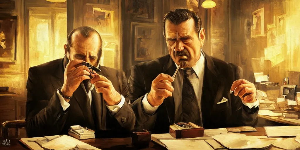 Image similar to beautiful oil matte portrait painting, mafia boss smoking a cigar at his 5 0 s new york office desk, wonderful masterpiece highly detailed, beautiful cinematic light deep focus, elegant, digital painting, smooth, sharp focus, golden ratio, dramatic illumination, ultra realistic, 8 k, art by jimmy law