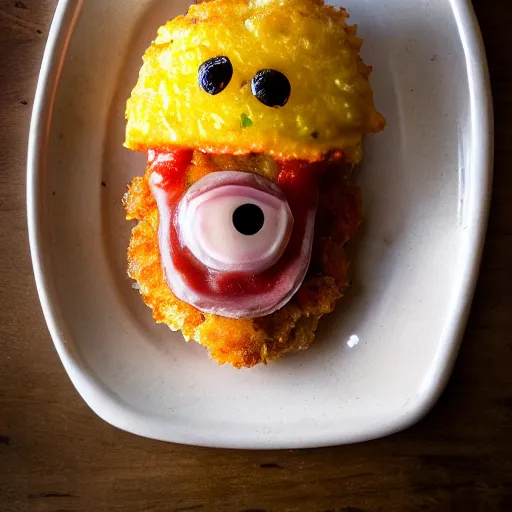 Image similar to food photo of channing tatum's face as tater tot on a plate with ketchup