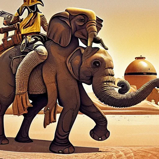 Prompt: painting of sormtrooper riding an elephant on the background of mos eisley on tatooine, intricate, high detail