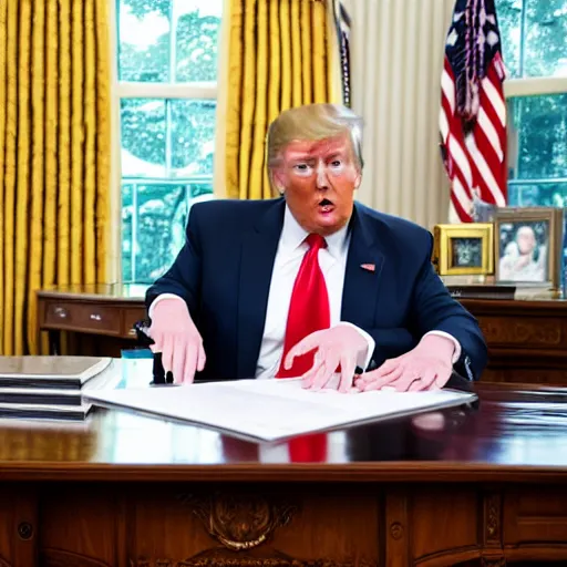 Image similar to candid portrait photo of president trump at his desk eating papers with his bare hands, detailed portrait, 4 k, megapixel, sony a 7 s, f / 8, 2 4 mm lens