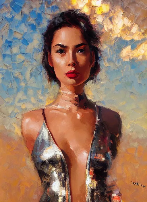 Prompt: portrait in daring femininity, ethnic, determined face, flight suit, warm glow, runway bathed in light, speed, captured memory, motion impressionism, radiosity, terrazzo, pj crook, michael garmash, livia prima, nick alm, casey baugh, deep color, oil on canvas