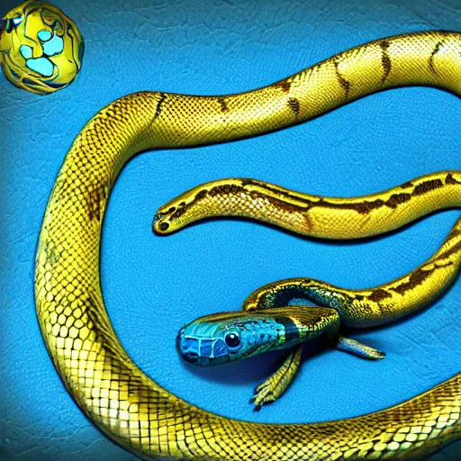 Prompt: shiny blue and yellow python snake, high detail, fantasy art, concept art, 4 k, ultra detail, computer art