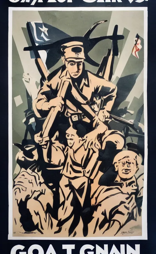 Prompt: world war 2 propaganda poster for the goat army