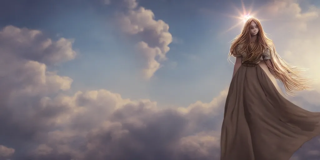 Image similar to realistic scene of 1 mysterious woman in silky clothes with long golden hair walking on a clouds trying to touch the sun, detailed, 1 4 5 0, delicate, hyper realism, ultra realistic, 8 k