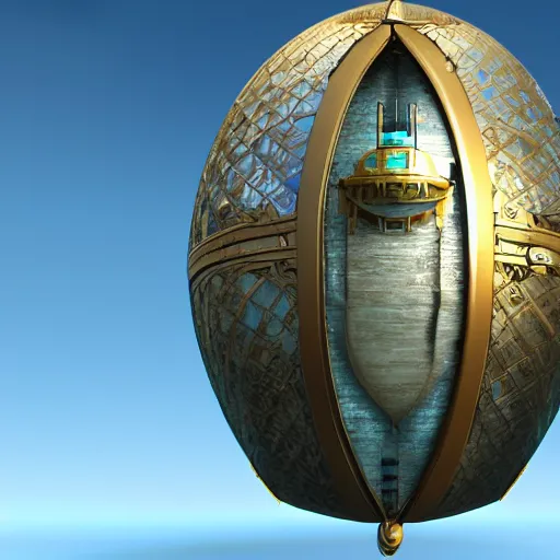 Prompt: enormous flying city in a faberge egg, sky, steampunk, fantasy art, unreal engine, chaotic